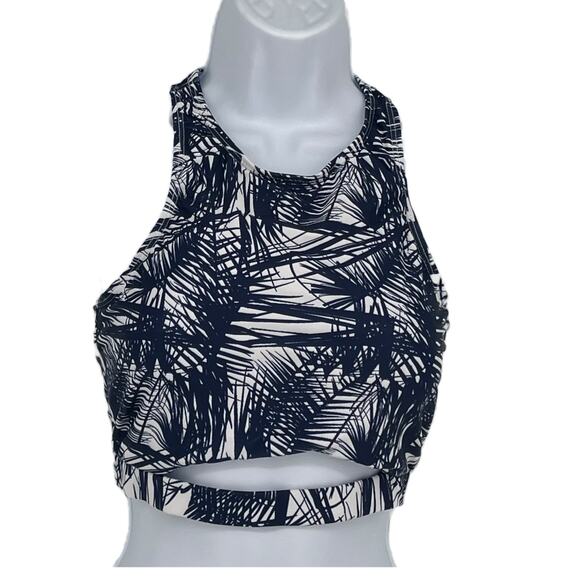 Cut-Out Bandeau Tankini with Palm Leaves in Blue and White Size Large - Picture 3 of 5